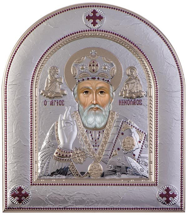 Saint Nicholas Silver Greek Orthodox Icon, Silver 25.5x30.4cm