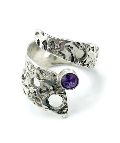 Abstract silver ring, amethyst ring, silver adjustable ring, modern ring