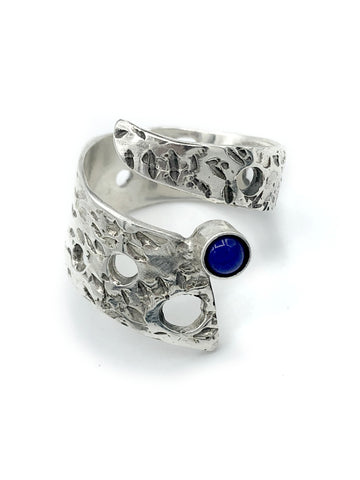 Abstract silver ring, blue lapis lazuli ring, silver adjustable ring, modern ring