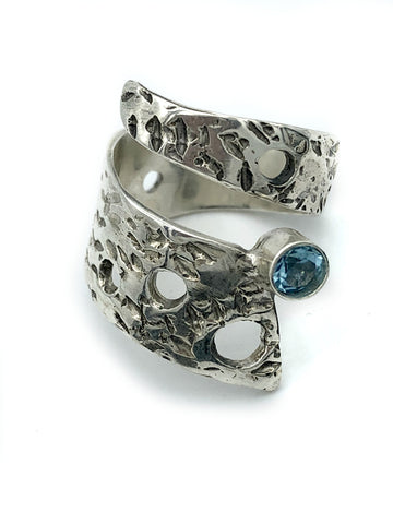 Abstract silver ring, blue topaz ring, silver adjustable ring, modern ring