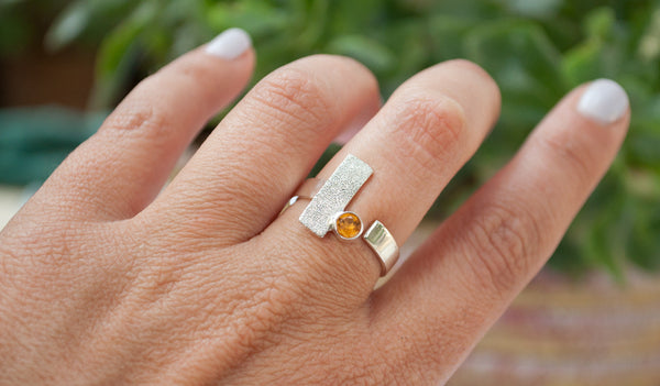 geometric ring, Citrine silver ring adjustable November birthstone ring yellow stone ring
