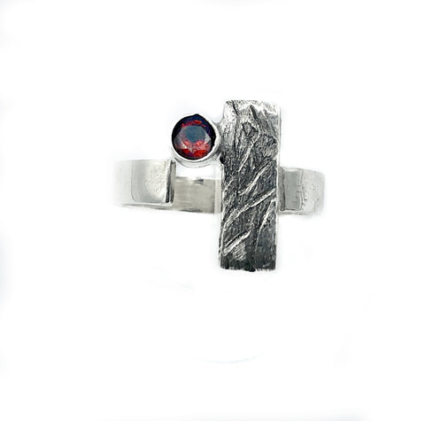 red garnet ring, silver geometric ring, rectangle ring