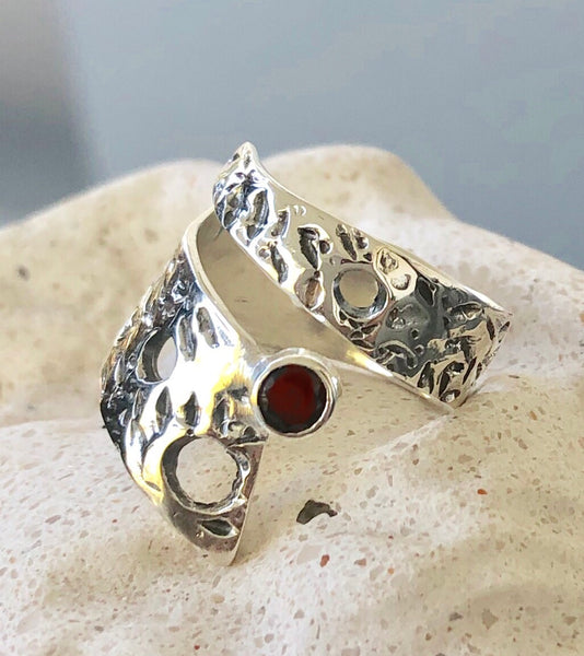 Abstract silver ring, red garnet ring, silver adjustable ring, January birthstone ring