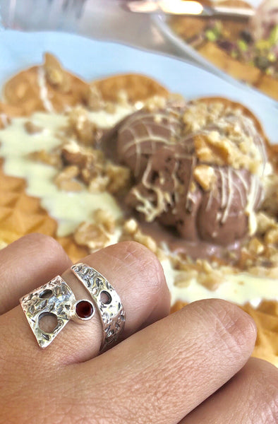 Abstract silver ring, red garnet ring, silver adjustable ring, January birthstone ring