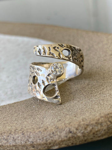 Abstract silver ring with zircon stone, silver adjustable ring, modern ring