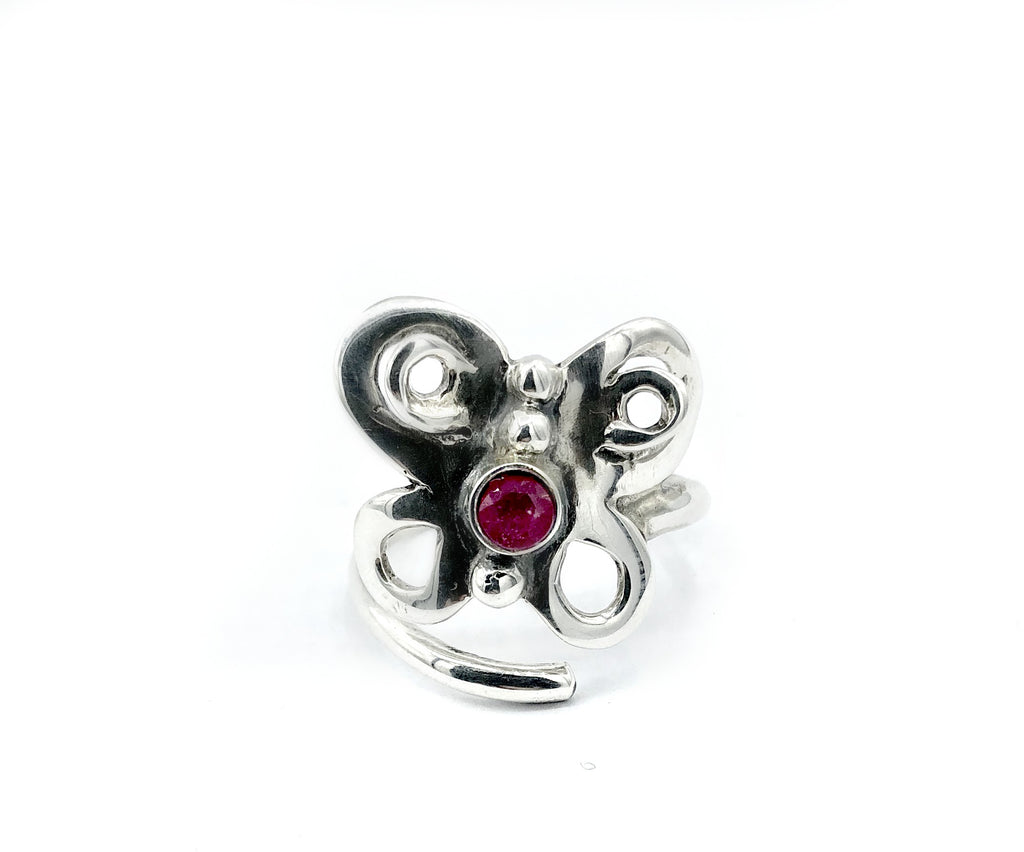 butterfly ring, silver butterfly ring silver adjustable ring, ruby ring