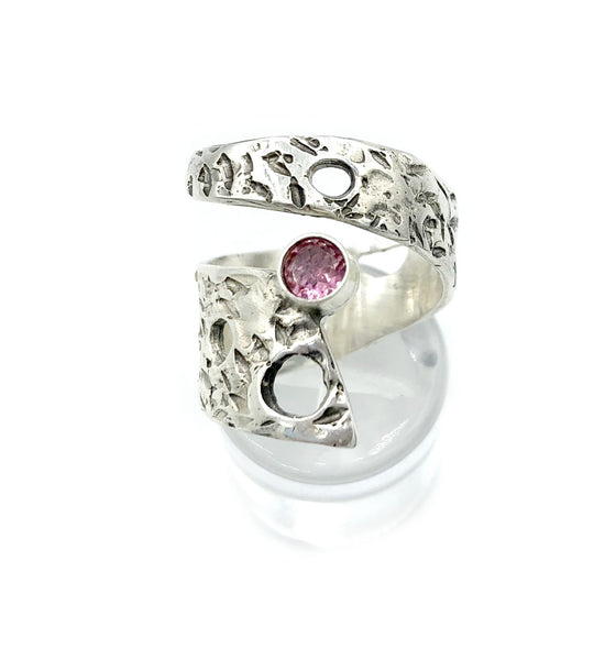 Abstract silver ring, pink tourmaline ring, silver adjustable ring, October birthstone ring