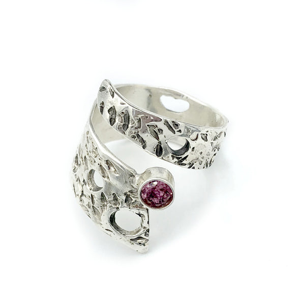 Abstract silver ring, pink tourmaline ring, silver adjustable ring, October birthstone ring