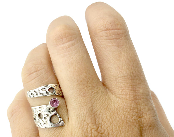 Abstract silver ring, pink tourmaline ring, silver adjustable ring, October birthstone ring