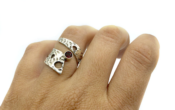 Abstract silver ring, red garnet ring, silver adjustable ring, January birthstone ring