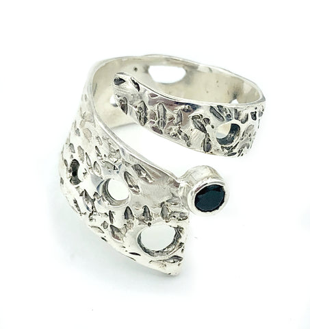 Abstract silver ring with black stone, silver adjustable ring, modern ring