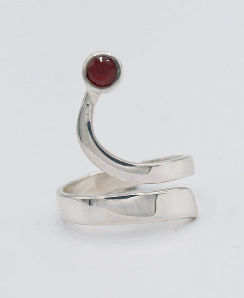 red garnet silver wave ring, red stone ring, January birthstone silver ring 