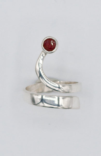 red garnet silver wave ring, red stone ring, January birthstone silver ring 