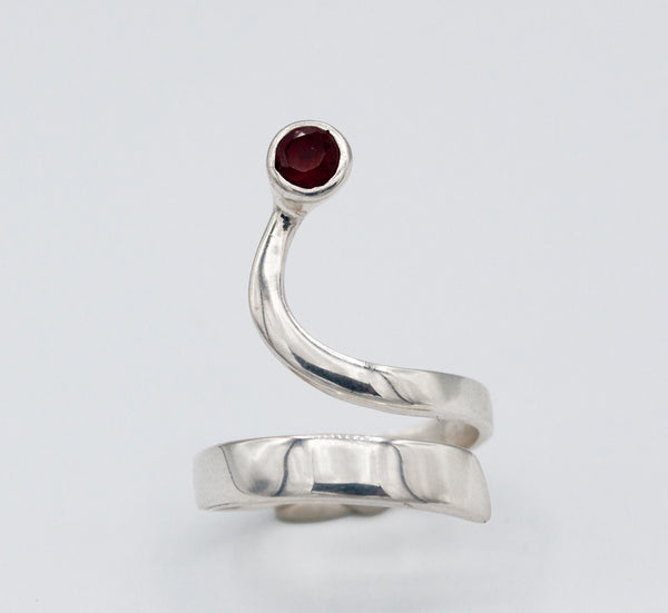 red garnet silver wave ring, red stone ring, January birthstone silver ring 