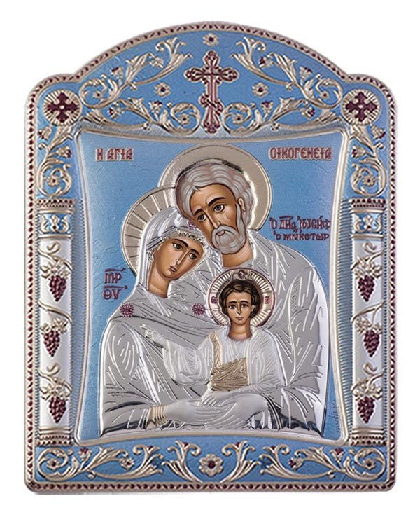 Holy Family - Greek Orthodox Silver Icon, Blue Ciel 11.3x15.2cm 