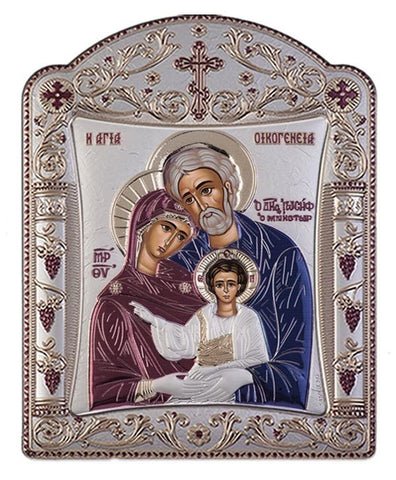 Holy Family - Greek Orthodox Silver Icon, Burgundy 11.3x15.2cm 