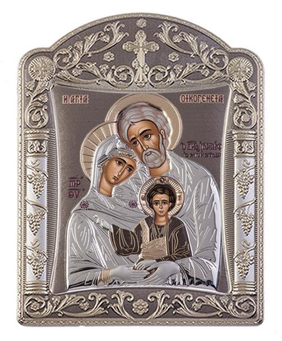 Holy Family - Greek Orthodox Silver Icon, Grey 11.3x15.2cm 