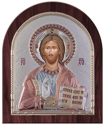 Jesus Christ Silver Greek Orthodox Icon, Red and Blue 26.2x32.1cm 