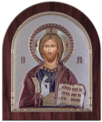 Jesus Christ Silver Greek Orthodox Icon, Burgundy 26.2x32.1cm 