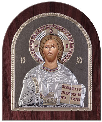 Jesus Christ Silver Greek Orthodox Icon, Grey  26.2x32.1cm 