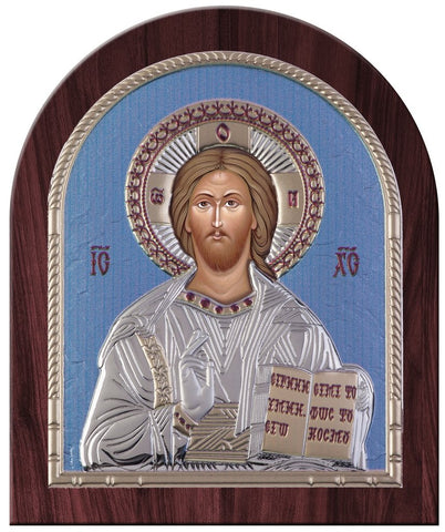 Jesus Christ Silver Greek Orthodox Icon, Ciel Blue 26.2x32.1 cm 