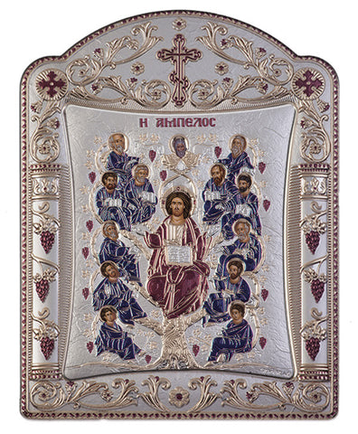 Jesus Christ Tree of Life, Silver byzantine iconography, Burgundy 16.7 x 22.4cm 
