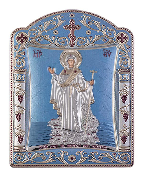 Mount Athos Virgin Mary Silver Greek prayer Icon, Blue Ciel 11.3x15.2cm 