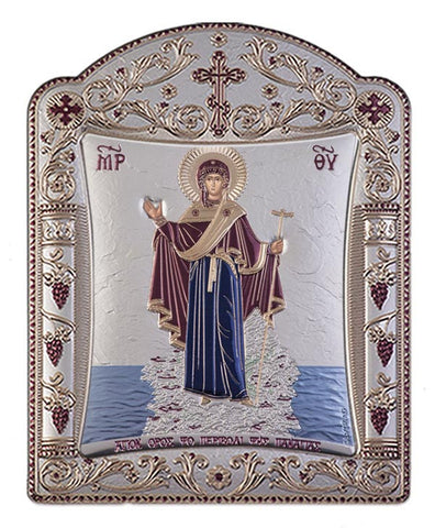 Mount Athos Virgin Mary Silver Byzantine Orthodox Icon, Burgundy 16.7x22.4cm 