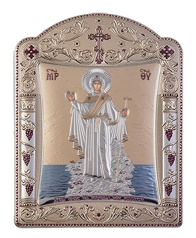 Mount Athos Virgin Mary Silver Byzantine Orthodox Icon, Gold 16.7x22.4cm 