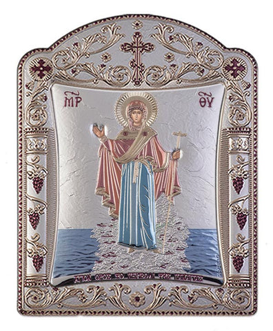 Mount Athos Virgin Mary Silver Byzantine Orthodox Icon, Red & Blue 16.7x22.4cm 