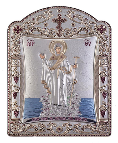 Mount Athos Virgin Mary Silver Byzantine Orthodox Icon, Silver 16.7x22.4cm 