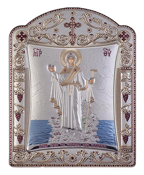 Mount Athos Virgin Mary Silver Greek prayer Icon, Silver 11.3x15.2cm 