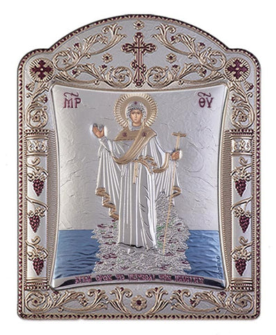 Mount Athos Virgin Mary Silver Greek prayer Icon, Silver 11.3x15.2cm 