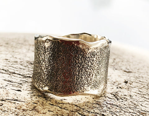 Oxidised Rustic textured wide band, wide silver ring, oxidised rough band 