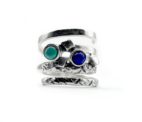 spiral silver ring with stones, silver adjustable ring, modern ring 