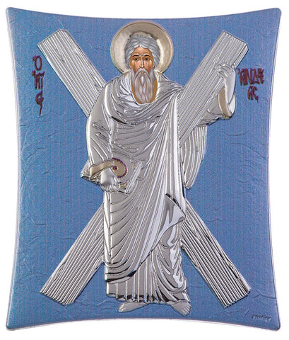 Saint Andrew - Greek Christian Orthodox Silver Icon, Blue Ciel 11.8x14.6cm 