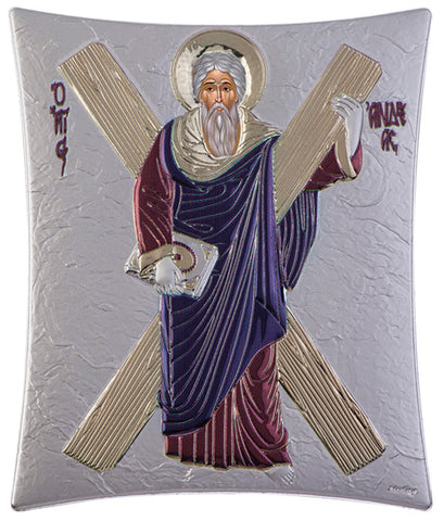 Saint Andrew - Greek Christian Orthodox Silver Icon, Burgundy 11.8x14.6cm 