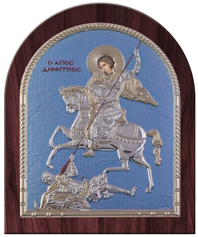 Saint Dimitrios Greek Orthodox Silver Icon, Blue Ciel 26.2 x32.1cm 