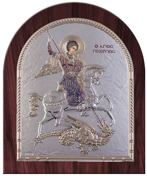 Saint George Silver Greek Orthodox Icon, Burgundy 26.2x32.1cm 