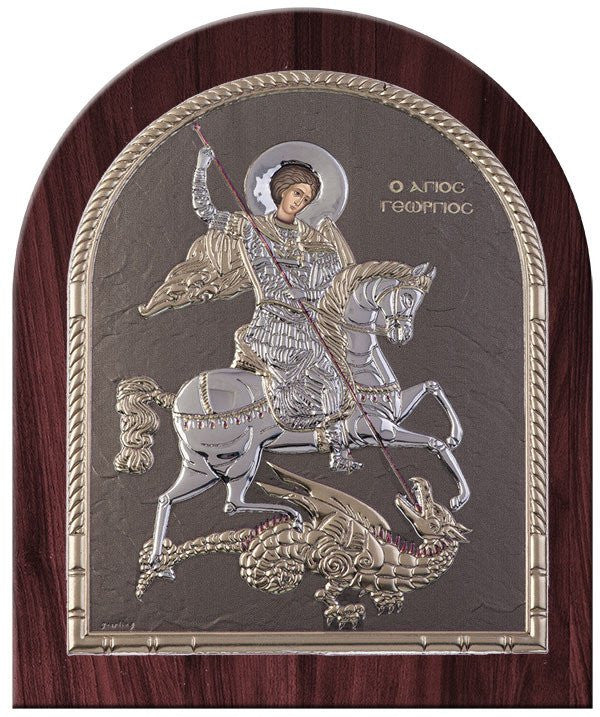 Saint George Silver Greek Orthodox Icon, Grey 26.2x32.1cm 