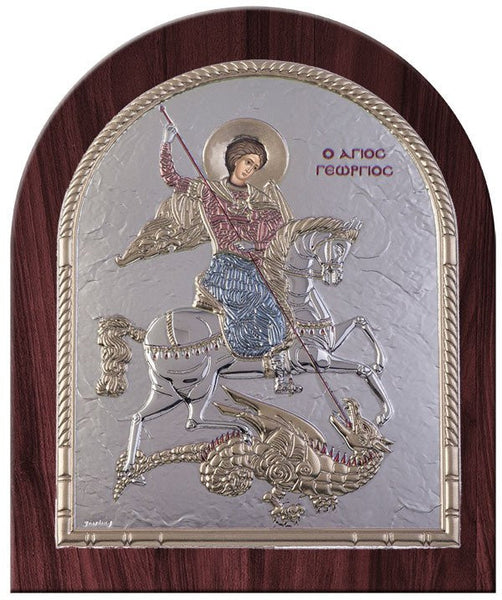 Saint George Silver Greek Orthodox Icon, Red Blue 26.2x32.1cm 