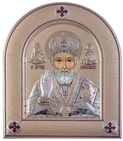 Saint Nicholas Silver Greek Orthodox Icon, Gold 25.5x30.4cm 