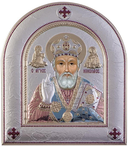 Saint Nicholas Silver Greek Orthodox Icon, Red & Blue 33x39cm 