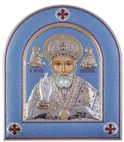 Saint Nicholas Silver Greek Orthodox Icon, Blue Ciel  33x39cm 