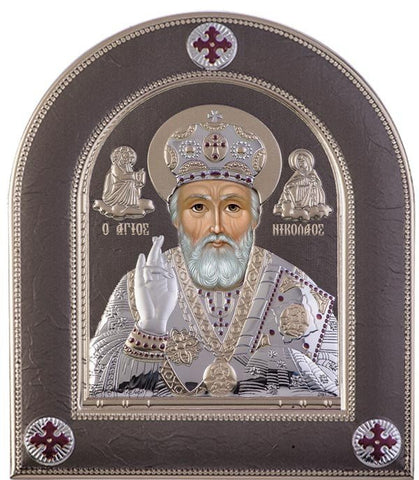 Saint Nicholas Silver Greek Orthodox Icon, Grey 25.5x30.4cm 