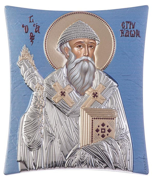 Saint Spyridon, Orthodox Religious iconography, ciel blue 11.8x 14.6cm 