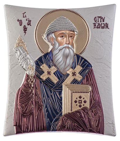 Saint Spyridon, Orthodox Religious iconography, burgundy 11.8x 14.6cm 