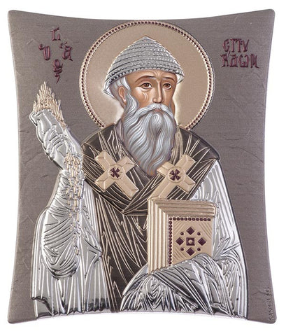 Saint Spyridon, handcrafted holy Greek icons, grey 20.6x25.5cm 