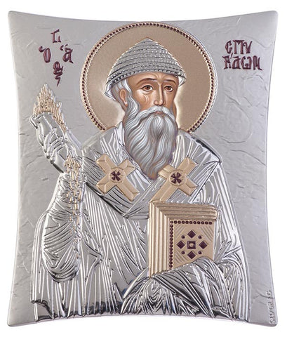 Saint Spyridon, handcrafted holy Greek icons, silver 20.6x25.5cm 