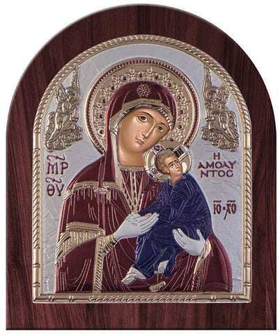 Virgin Mary Amolyntos Silver Greek Orthodox Icon, Burgundy 26.2x32.1cm 